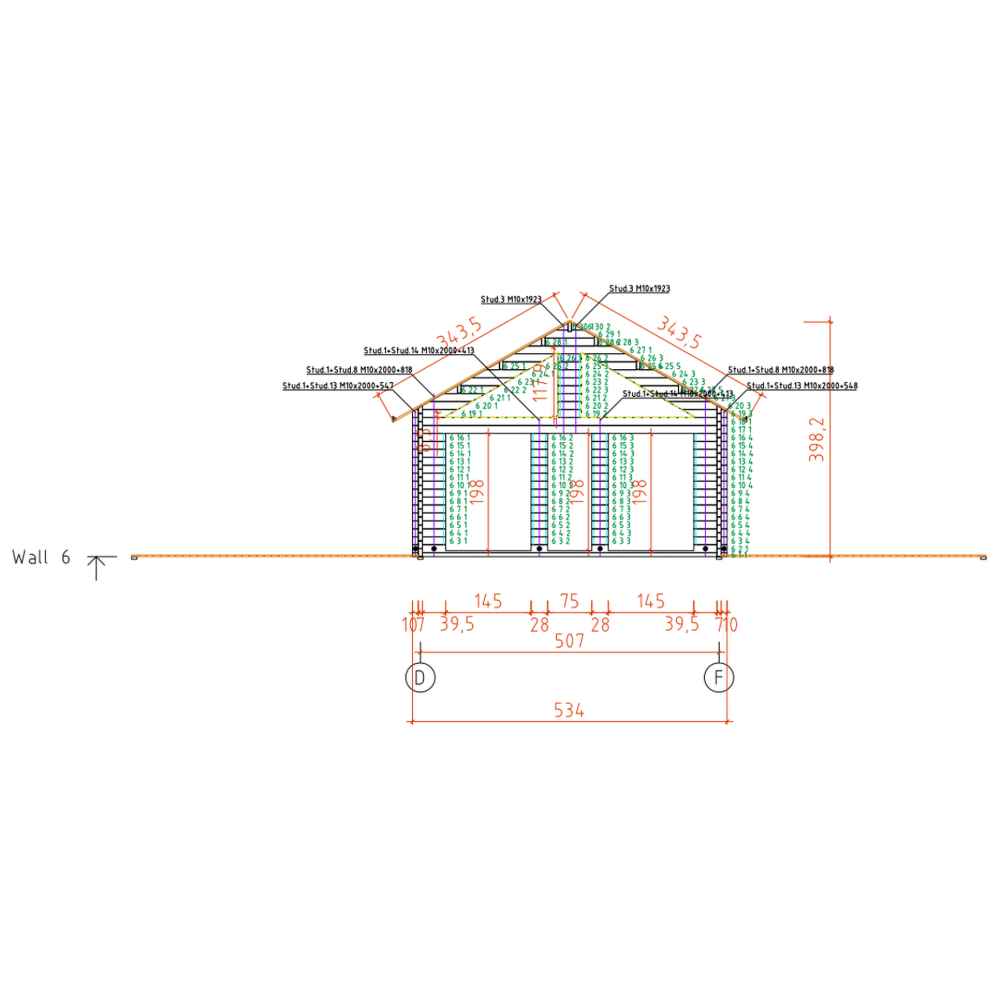 Side elevation drawing illustrates detailed roof trusses, structural supports, and precise measurements for the GardenHouse24 USA Francesca 70 Garden Room