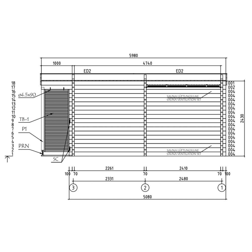 Side elevation drawing of the GardenHouse24 USA Asta 70 Garden Room shows the slatted side panels and ventilation set layout