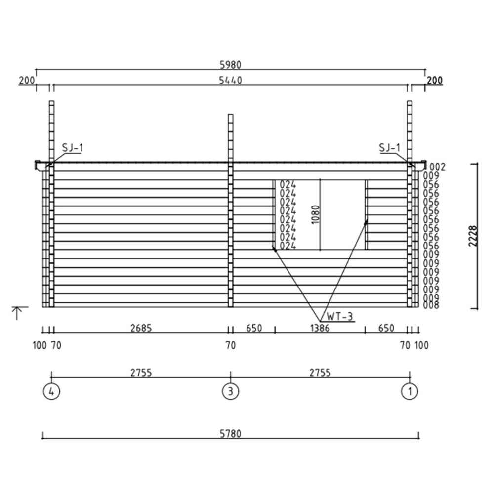 Side elevation drawing of the GardenHouse24 USA Bente 70 Garden Room outlines structural dimensions and the location of the windows