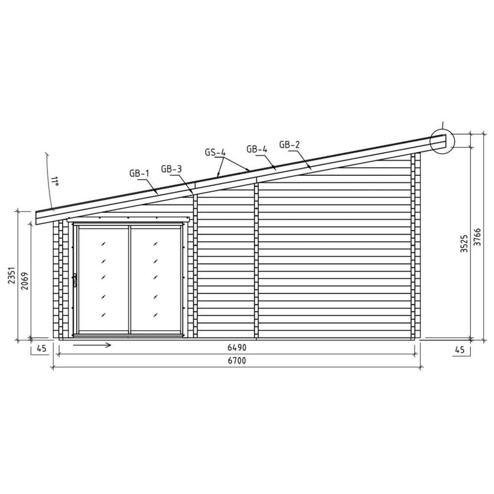 Side elevation drawing of the GardenHouse24 USA Caddie 70A ALU ISO Garden Room, showing the sloped roof and sliding door placement