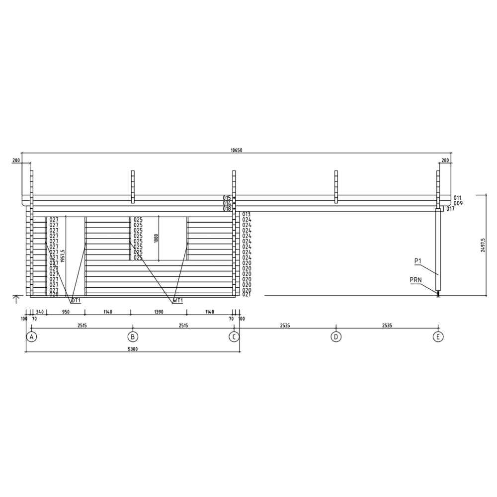 Side elevation drawing of the GardenHouse24 USA Double Garage and Carport Erki 70 Garden Room shows the full width of the structure with supporting details and posts
