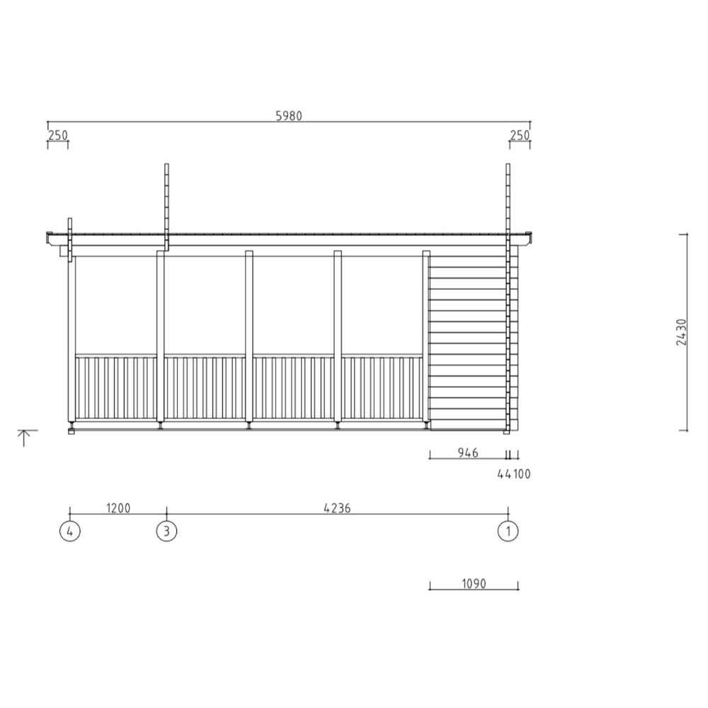 Side elevation drawing of the GardenHouse24 USA Glostrup 44 Garden Room displays the structural measurements and the covered porch with vertical posts