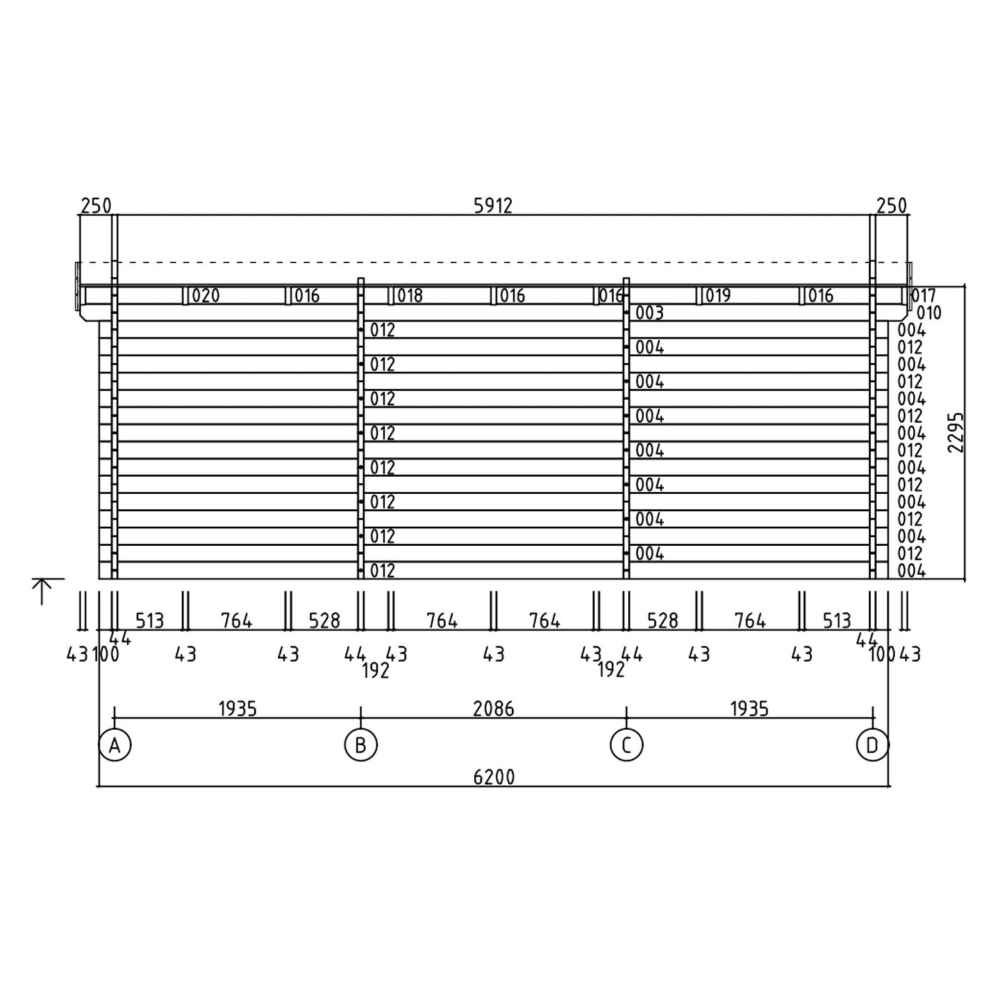 Side elevation drawing of the GardenHouse24 USA Miriam 44C Modern Garden Room, displaying wall construction, panel spacing, and structural components