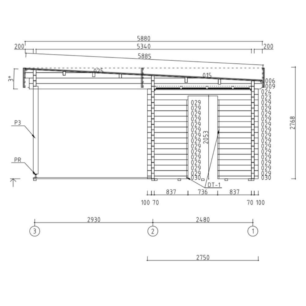 Side elevation drawing of the GardenHouse24 USA Sauna Forte 70 Garden Room displaying structure height, porch slats, and roof slope angles