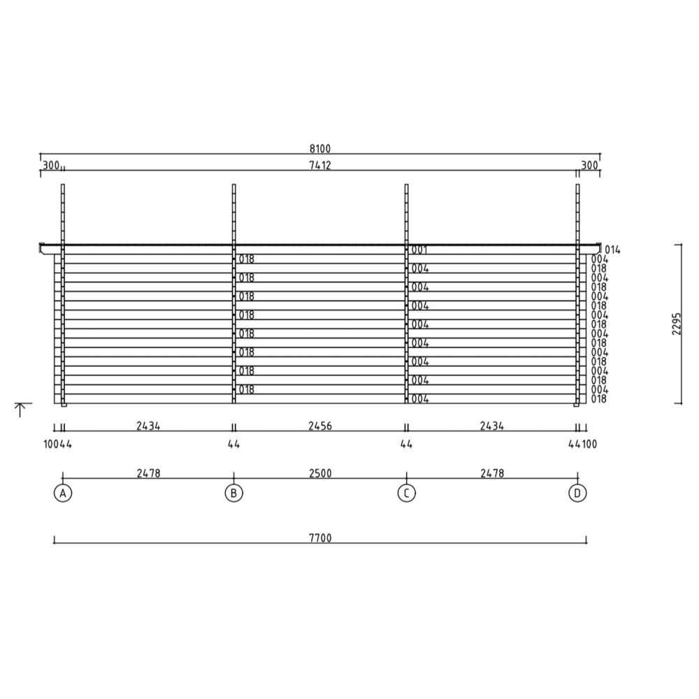 Side elevation drawing of the GardenHouse24 USA Wallis 44 Garden Room details the layout and spacing of the exterior wall beams