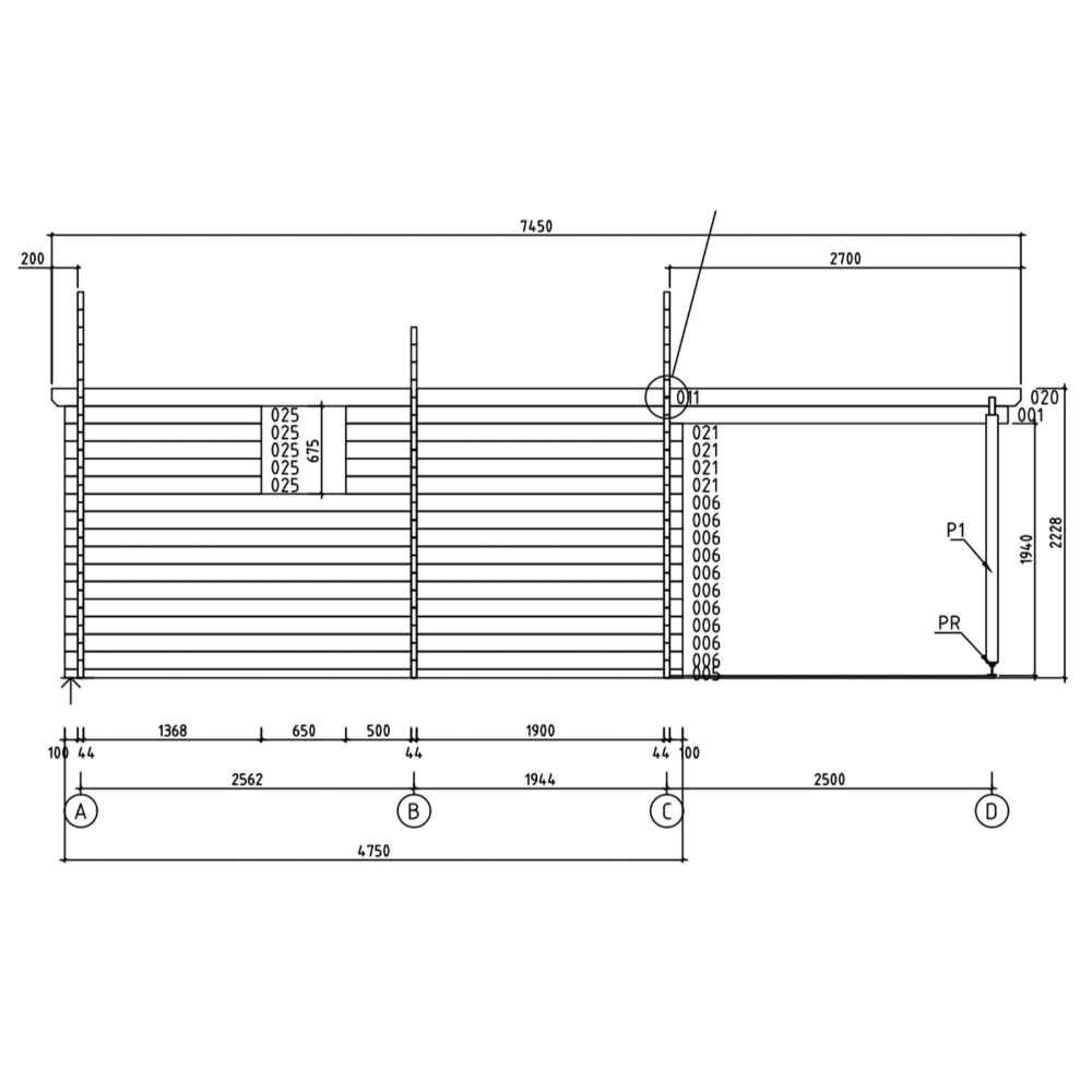 Side elevation schematic of the GardenHouse24 USA Nepean 44A Garden Room, highlighting structural layers and detailed measurements of the wall sections