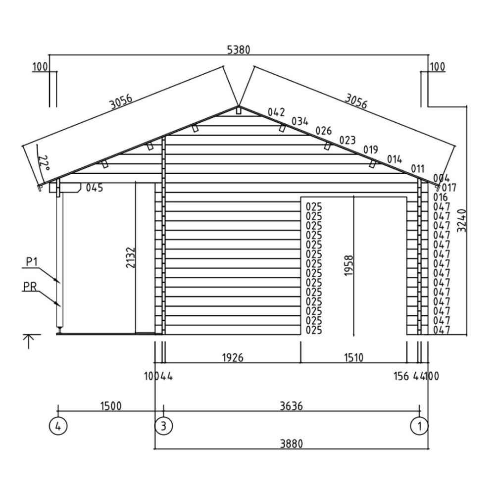 Side elevation technical drawing shows the height, roof slope, and windowdoor placements of the GardenHouse24 USA Lerum 44 Garden Room