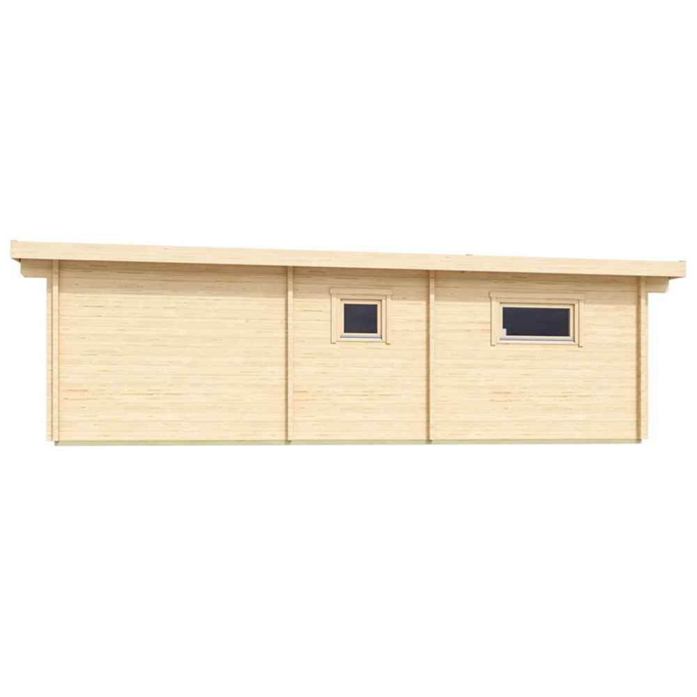 Side elevation view of the GardenHouse24 USA Harbord 70 Garden Room, displaying its minimalist wooden panel design with two rectangular windows