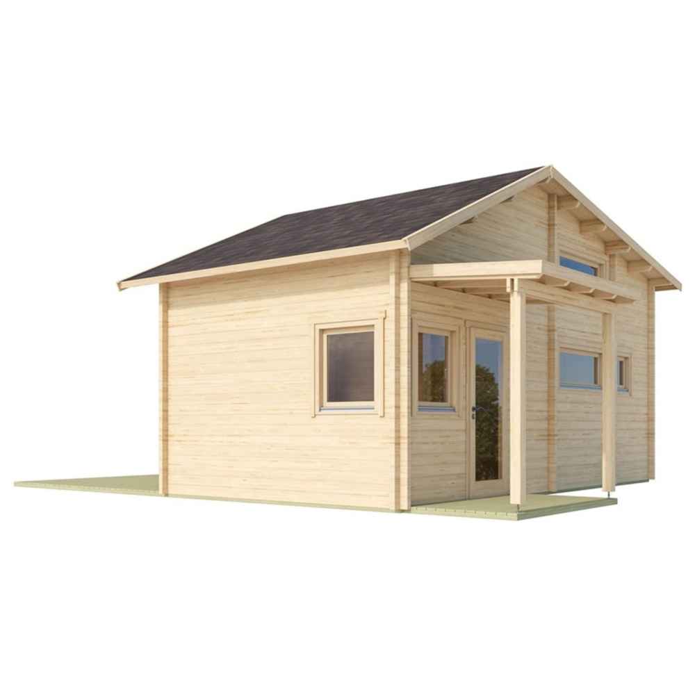 Side perspective of the GardenHouse24 USA Montreal 70 Garden Room revealing the extended roof and multiple square windows