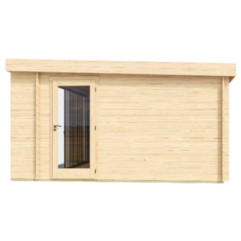 Side profile of the GardenHouse24 USA ALU Concept 70I Garden Room features a single glass door and smooth wood paneling