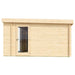 Side profile of the GardenHouse24 USA ALU Concept 70I Garden Room features a single glass door and smooth wood paneling
