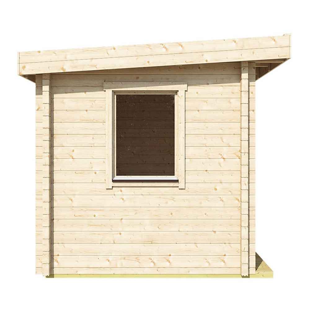 Side profile of the GardenHouse24 USA Sauna Li 90 Garden Room highlights a square window centered in a minimalist wooden wall