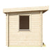 Side profile of the GardenHouse24 USA Sauna Li 90 Garden Room highlights a square window centered in a minimalist wooden wall