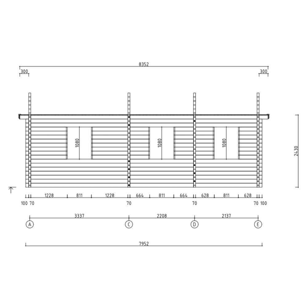 Side view blueprint of the GardenHouse24 USA Mikka 70 Garden Room illustrates multiple windows and log wall joints for a clear construction reference