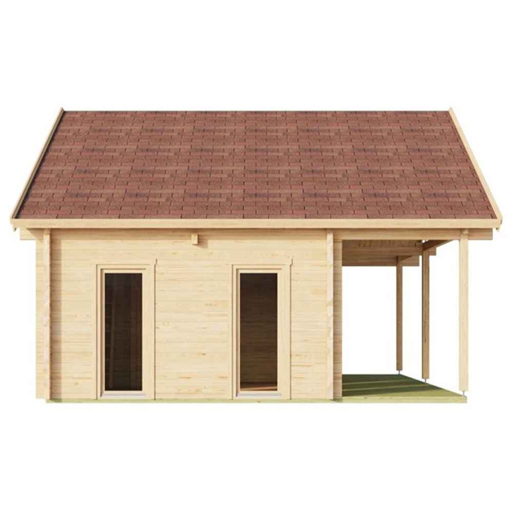 Side view displays two tall narrow windows and an open porch area of the GardenHouse24 USA Sauna Marit 90 Garden Room