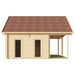 Side view displays two tall narrow windows and an open porch area of the GardenHouse24 USA Sauna Marit 90 Garden Room