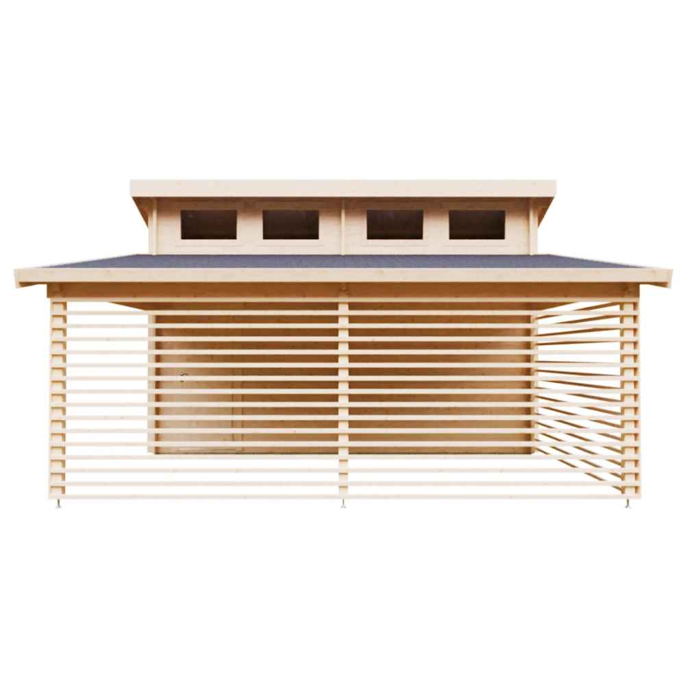 Side view highlights the modern slatted wood panels and overhead windows of the GardenHouse24 USA Garage Morten 44A Garden Room