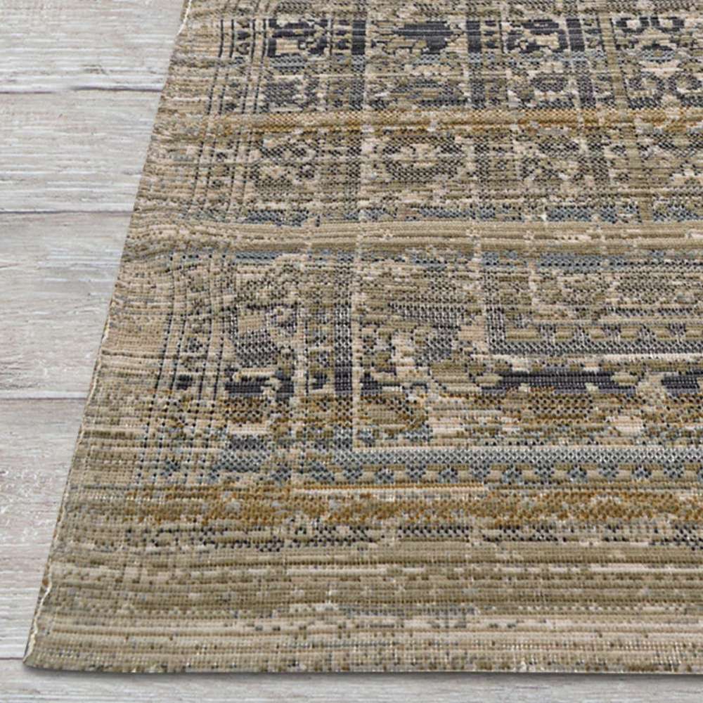 Side view of Couristan Fez Indoor/Outdoor Rug - Medina/Earthen reveals detailed border designs and a mix of ash and tobacco hues
