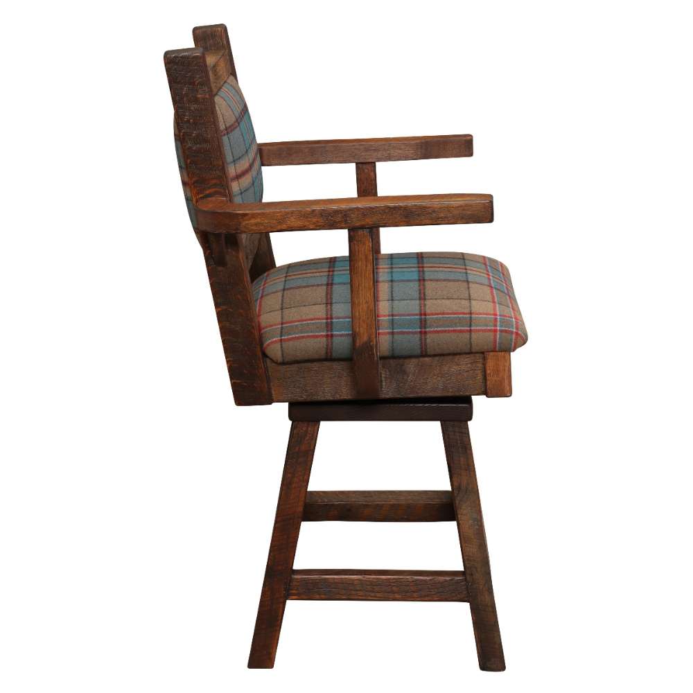 Side view of Fireside Lodge Barnwood Colonial Swivel Barstool with Arms showing its plaid cushion and rustic wooden frame