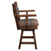 Side view of Fireside Lodge Barnwood Colonial Swivel Barstool with Arms showing its plaid cushion and rustic wooden frame