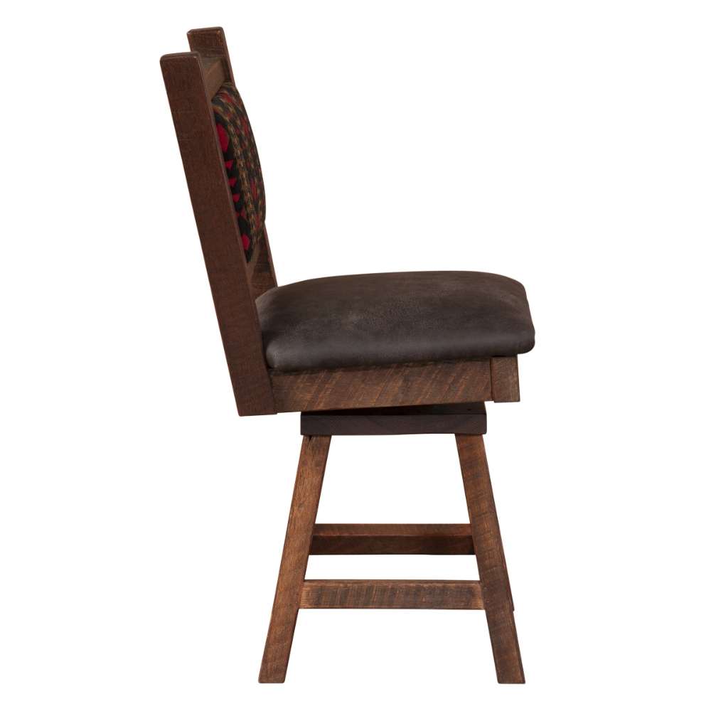 Side view of Fireside Lodge Barnwood Colonial Swivel Counter Stool shows its thick cushioned seat and solid wooden base with a smooth swivel mechanism
