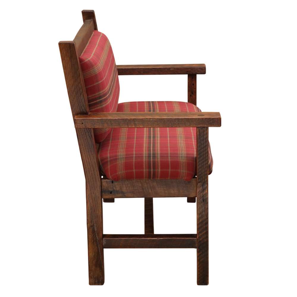 Side view of Fireside Lodge Barnwood Upholstered Bench with Arms and Back shows its straight wooden arms, thick cushions, and robust handcrafted design