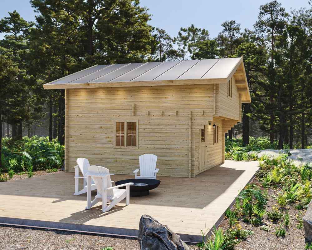 Side view of Sawmill Structures The Northwood Grand SD 70mm Garden Room highlights a clean, natural wood exterior and a relaxing patio with white chairs and a fire pit