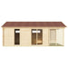Side view of the GardenHouse24 USA ALU Concept Arosa 44C Garden Room showing a brown-shingled roof, vertical windows, and a slatted privacy wall