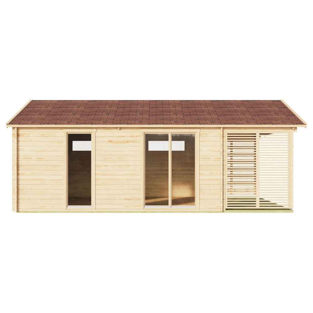 Side view of the GardenHouse24 USA ALU Concept Arosa 70C Garden Room highlights its natural wood finish, modern slatted privacy screen, and full-length glass doors