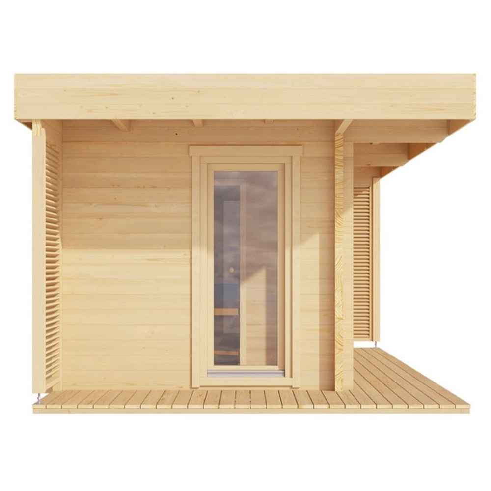 Side view of the GardenHouse24 USA Asta 70 Garden Room shows a single tall window with wood slatted accents and an extended roof