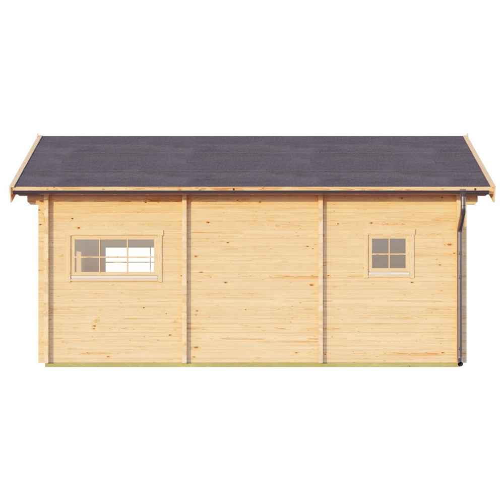 Side view of the GardenHouse24 USA Astrid 70 Garden Room reveals its light timber walls, small windows, and a dark gable roof