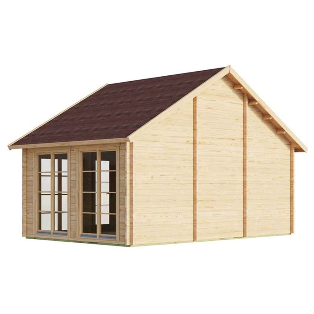 Side view of the GardenHouse24 USA Bern 70 Garden Room displays its simple, natural wood structure with double glass doors and no windows on the side wall