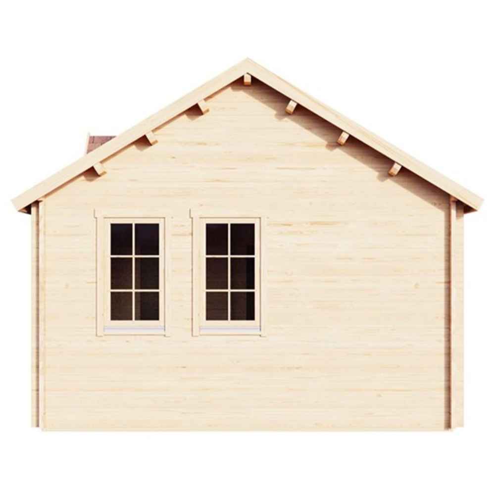 Side view of the GardenHouse24 USA Clockhouse Bristol 44mm Garden Room displays two large windows on a smooth timber wall under a sloped roof