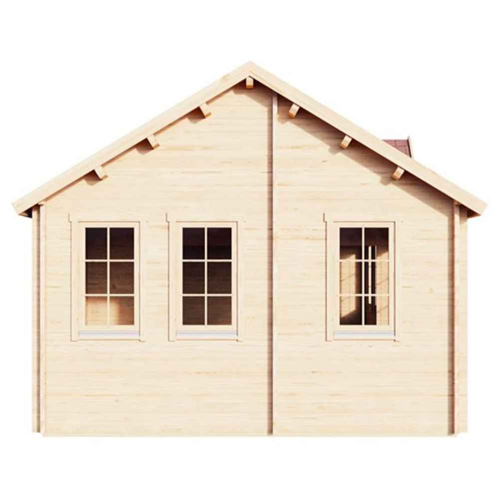 Side view of the GardenHouse24 USA Clockhouse Bristol 44mm Garden Room shows three tall windows and a pitched roof with exposed rafters