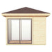 Side view of the GardenHouse24 USA Glaspavillon ALU 44E ISO Garden Room shows a wooden panel next to a wide glass door