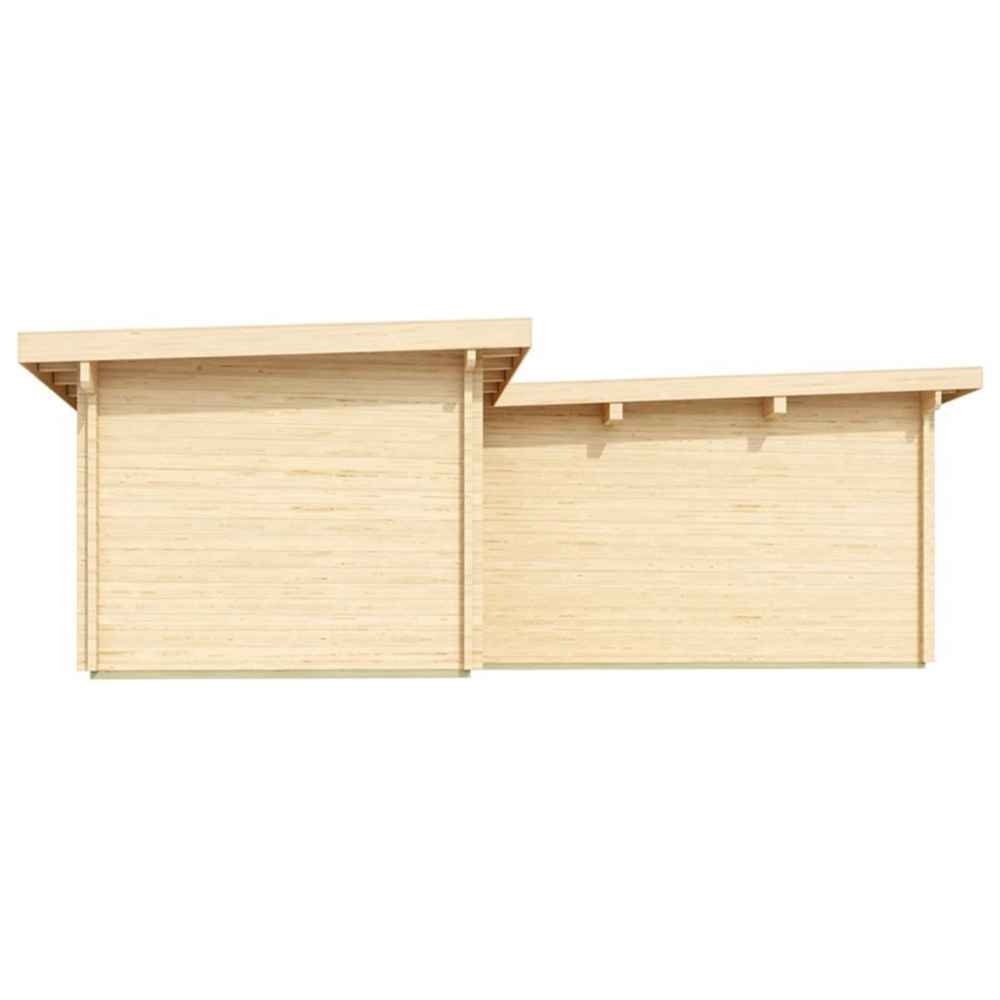Side view of the GardenHouse24 USA Harbord 70 Garden Room displays the clean wooden walls and roof angles with no visible doors or windows