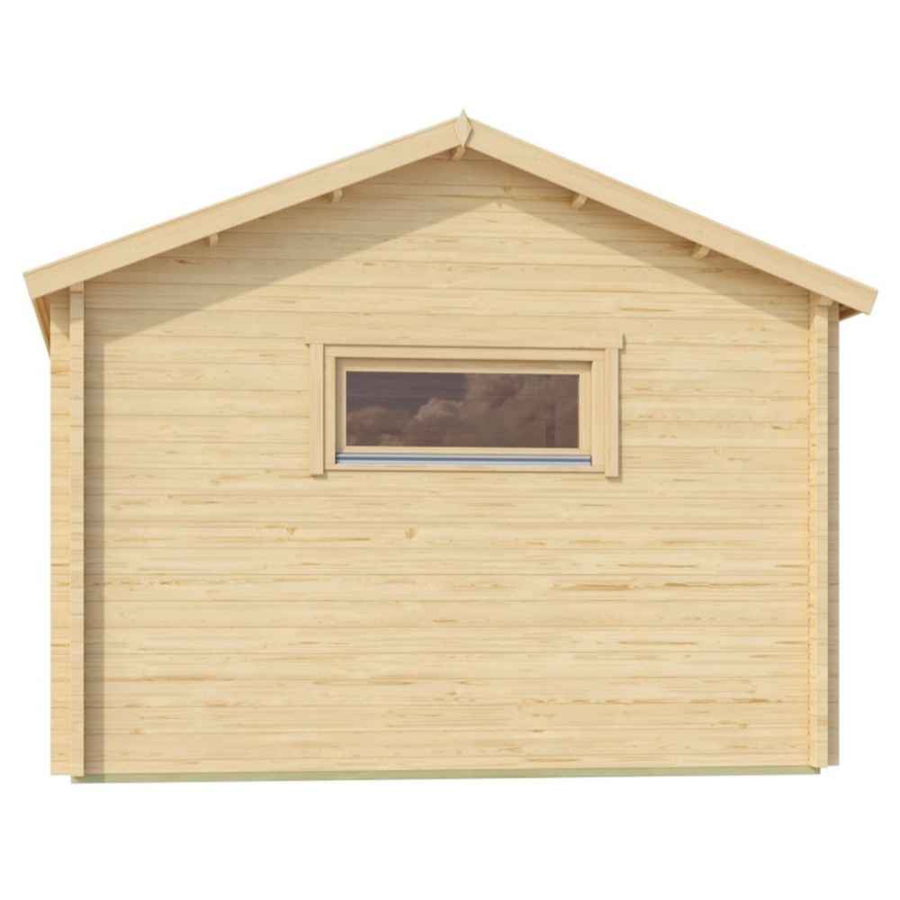 Side view of the GardenHouse24 USA Jara 70B Garden Room shows a single narrow window on a smooth wood-paneled wall