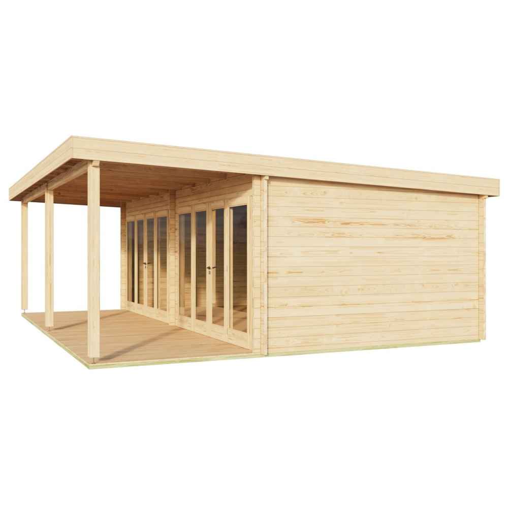 Side view of the GardenHouse24 USA Kevin 44 VD Garden Room highlights its extended roof and multiple double doors along the front wall