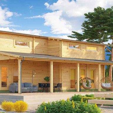 Side view of the GardenHouse24 USA Marcy 70 Garden Room highlights its covered patio with outdoor seating and stylish natural wood finish