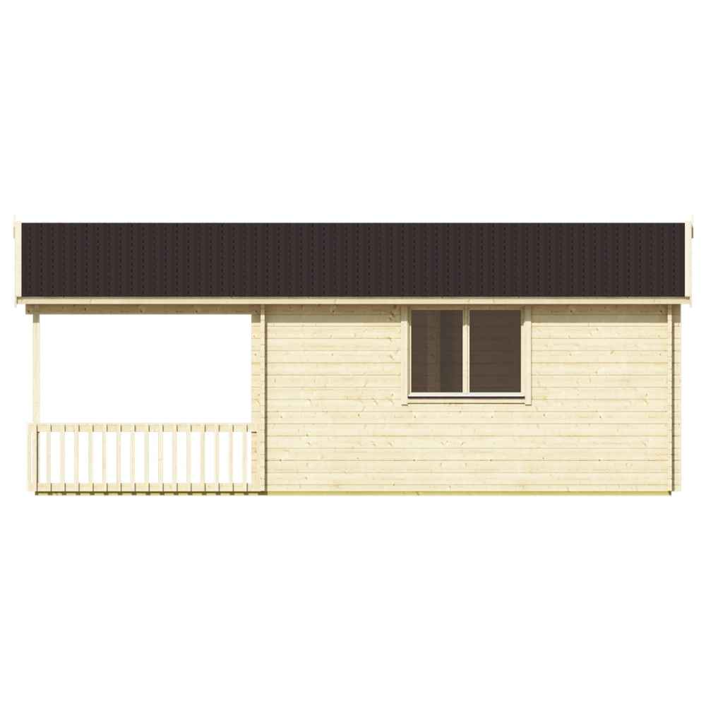 Side view of the GardenHouse24 USA Nepean 44A Garden Room, showing a light wood exterior with a small window and a covered porch to the left