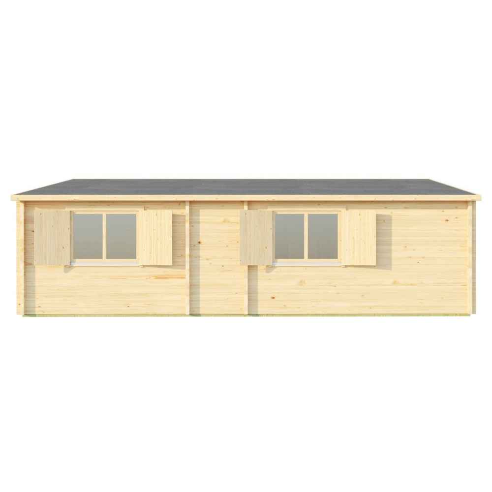 Side view of the GardenHouse24 USA Pamplona 70 Garden Room shows symmetrical wooden windows with shutters for natural light and ventilation