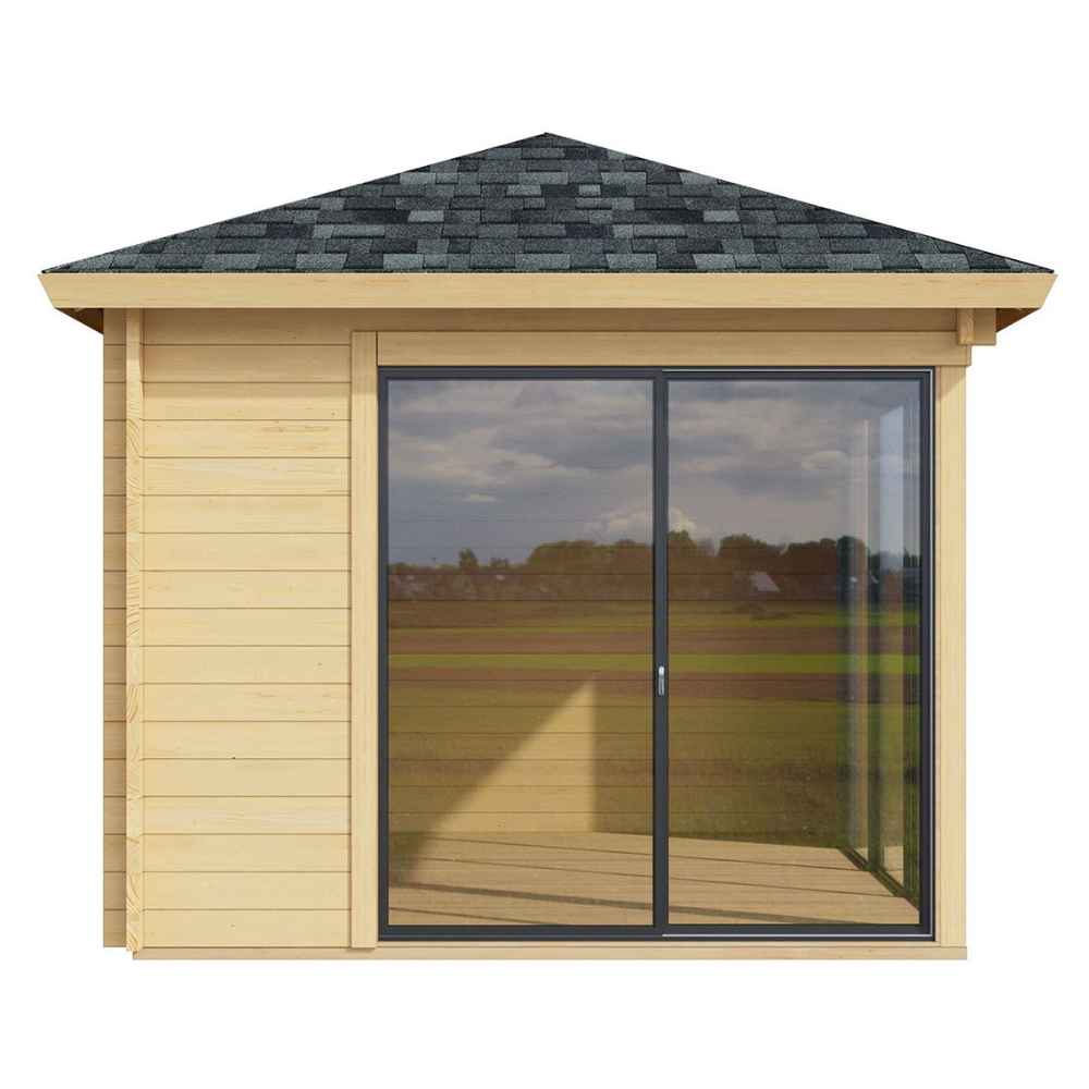 Side view of the GardenHouse24 USA Pavilion ALU 44B Garden Room shows a full-height sliding glass wall allowing ample daylight