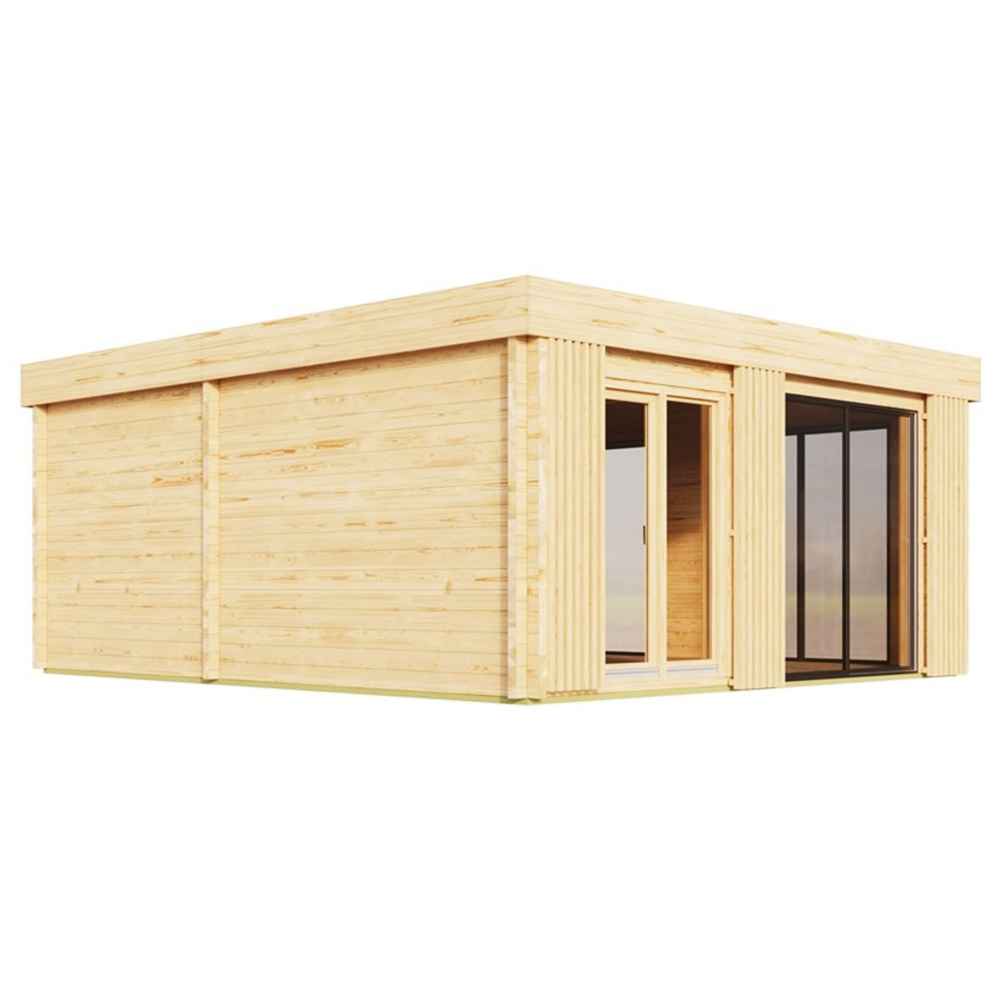 Side view of the GardenHouse24 USA Sauna Dolce 70 Garden Room showcases its solid wood wall and a single glass door framed by vertical timber panels