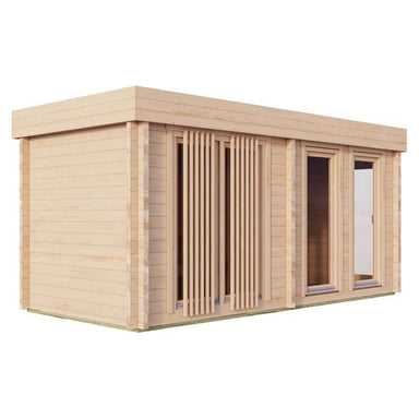 Side view of the GardenHouse24 USA Sauna Giusto 70 Garden Room, highlighting vertical wooden slats and large glass panels