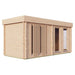 Side view of the GardenHouse24 USA Sauna Giusto 70 Garden Room, highlighting vertical wooden slats and large glass panels