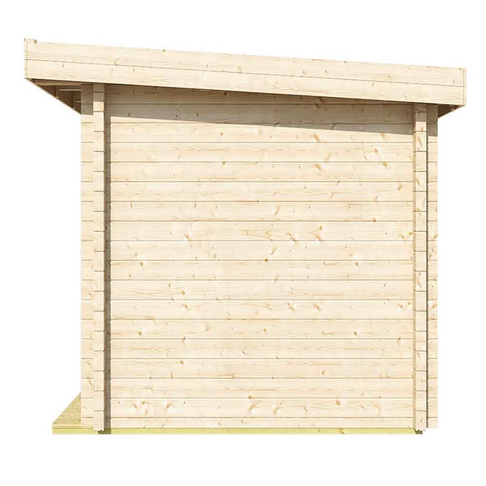 Side view of the GardenHouse24 USA Sauna Maria 90 Garden Room shows its smooth, light wood paneling and modern sloped roof