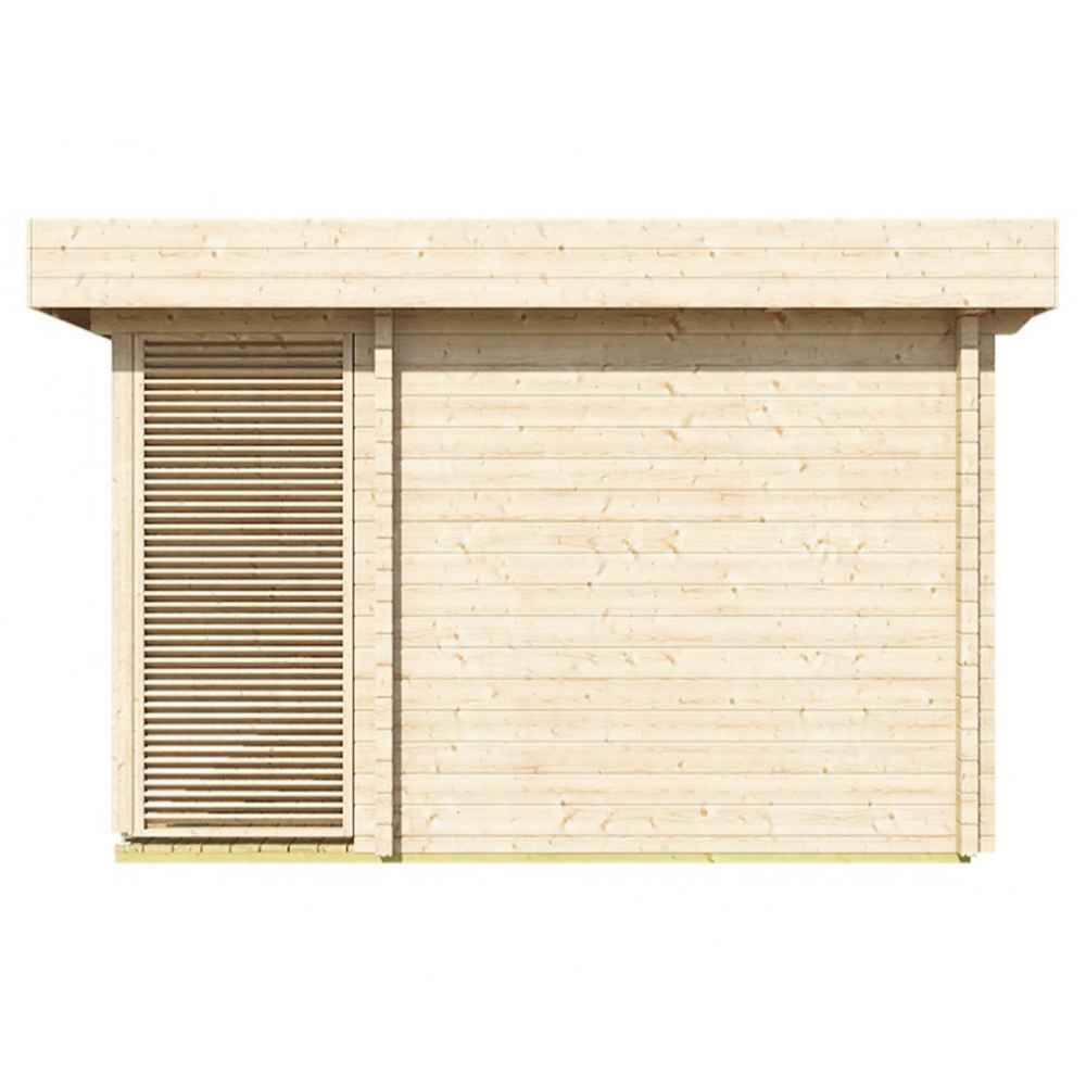 Side view of the GardenHouse24 USA Sauna Sirpa 90 Garden Room reveals a sleek wooden slatted vent section beside a solid timber wall