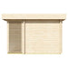 Side view of the GardenHouse24 USA Sauna Sirpa 90 Garden Room reveals a sleek wooden slatted vent section beside a solid timber wall