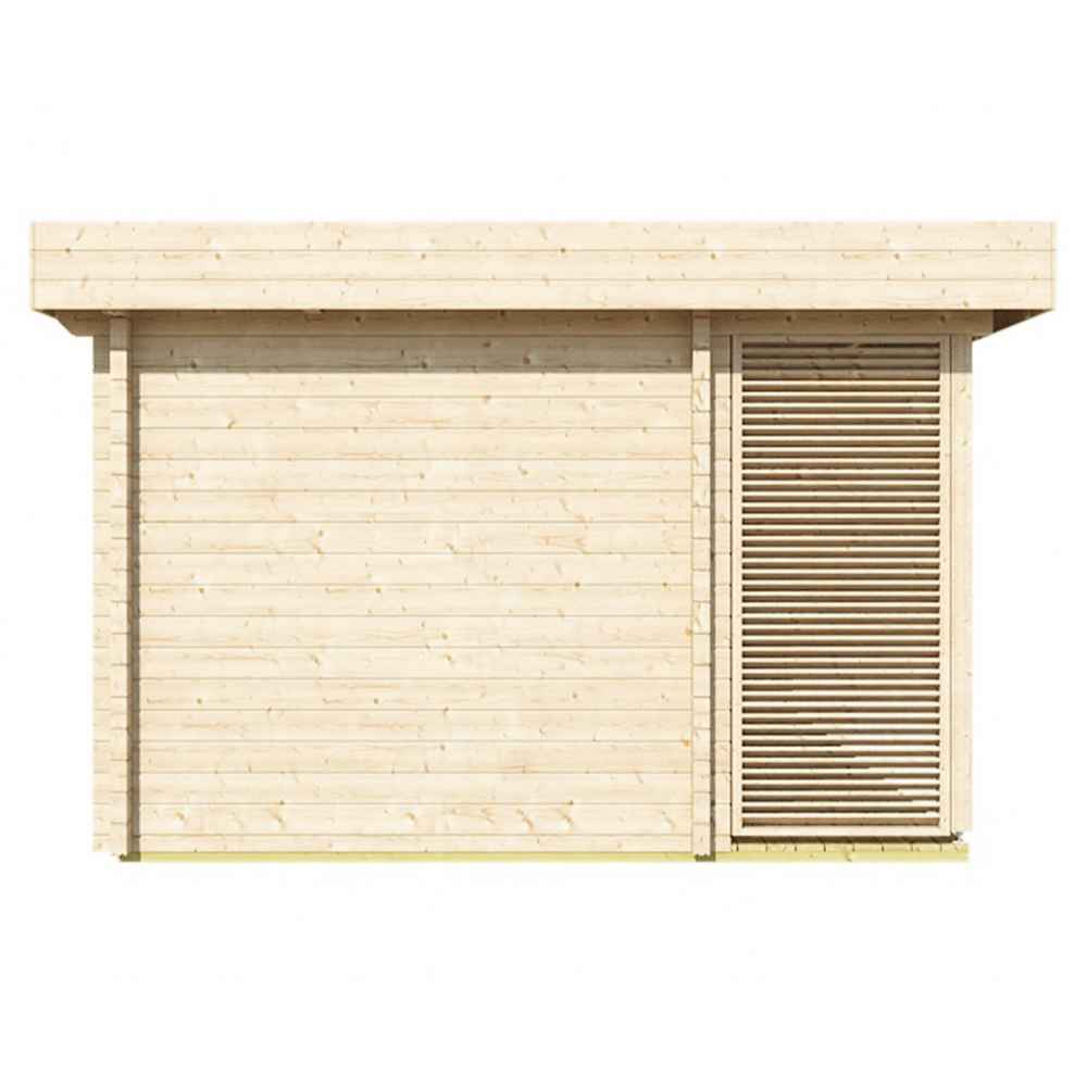Side view of the GardenHouse24 USA Sauna Sirpa 90 Garden Room showcases vertical wooden slats on one end for added ventilation and privacy