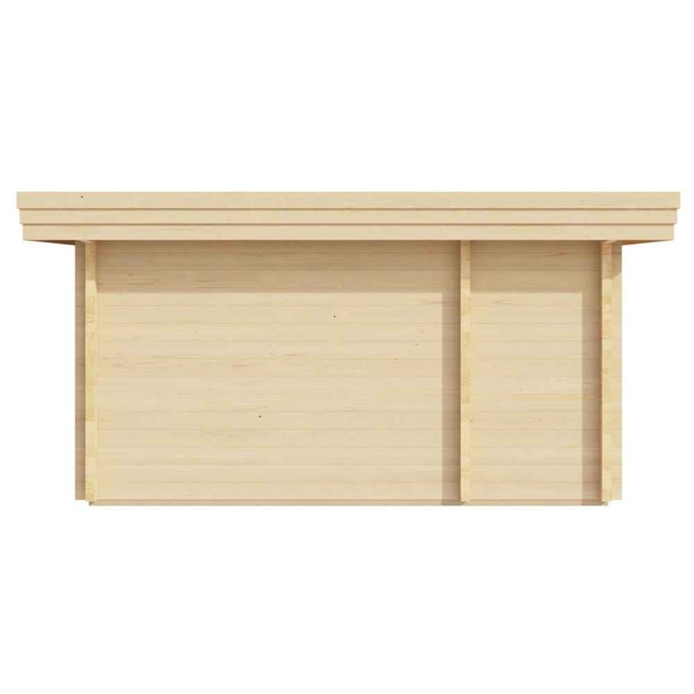 Side view of the GardenHouse24 USA Sauna Tanonka 70 Garden Room reveals its minimalistic, unwindowed wood panel exterior
